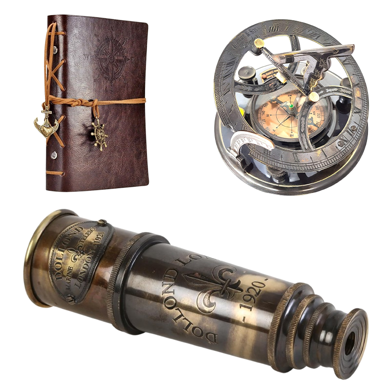 Paquete de edición de coleccionista de herramientas piratas (Telescopio marino de 1920, Brújula de reloj de sol, Diario de escritura de cuero EvZ)